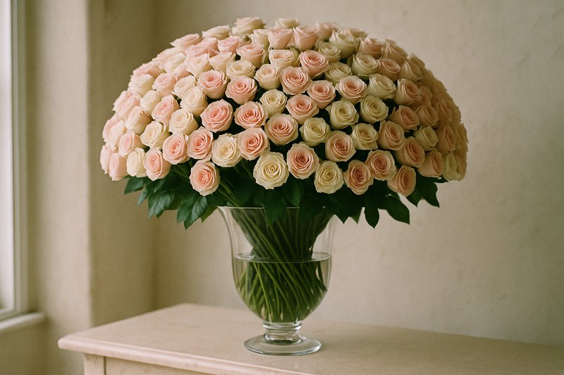 Bouquet of 101 roses in a wide-neck crystal vase